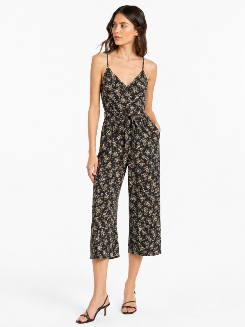 FRANK AND OAK BLACK FLORAL BELTED WIDE CROPPED LEG SLEEVELESS JUMPSUIT - XS